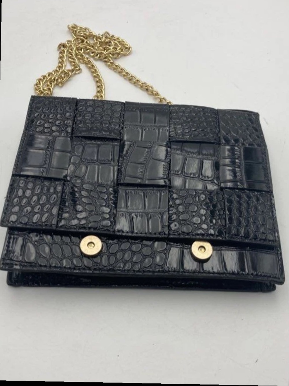 Black croc embossed Chain Strap Crossbody Bag fabriano Italia made in Italy